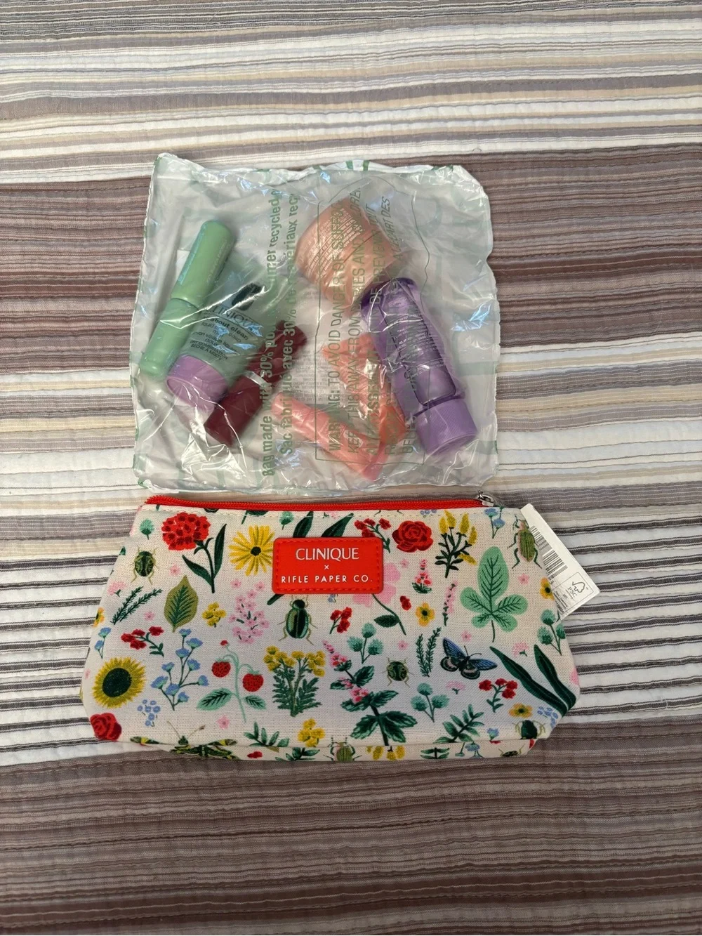 NWT Clinique samples in Rifle Paper Co. Floral Cosmetic Bag